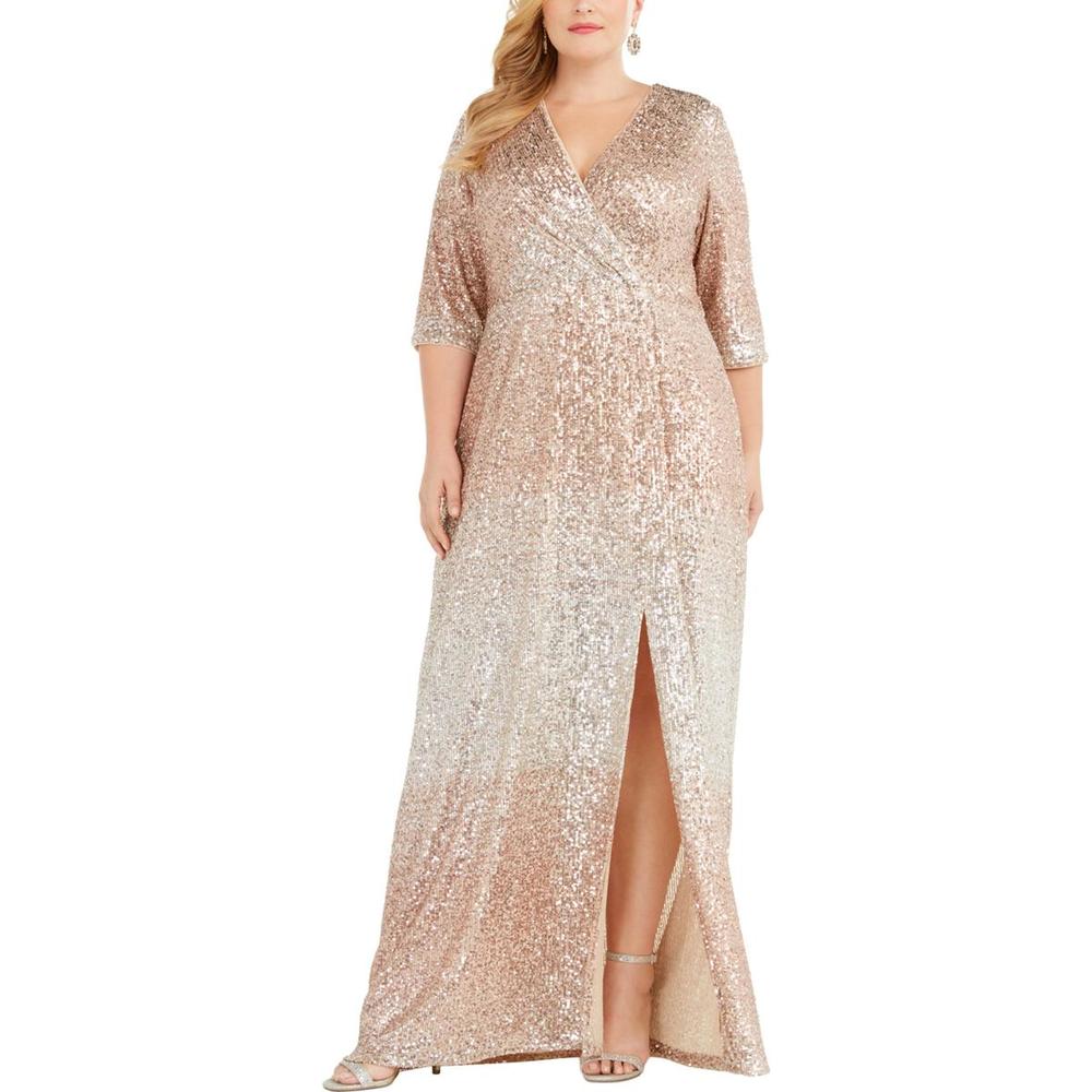 R&M Richards Womens Beige Sequined Full-Length Evening Dress Gown Plus NWT